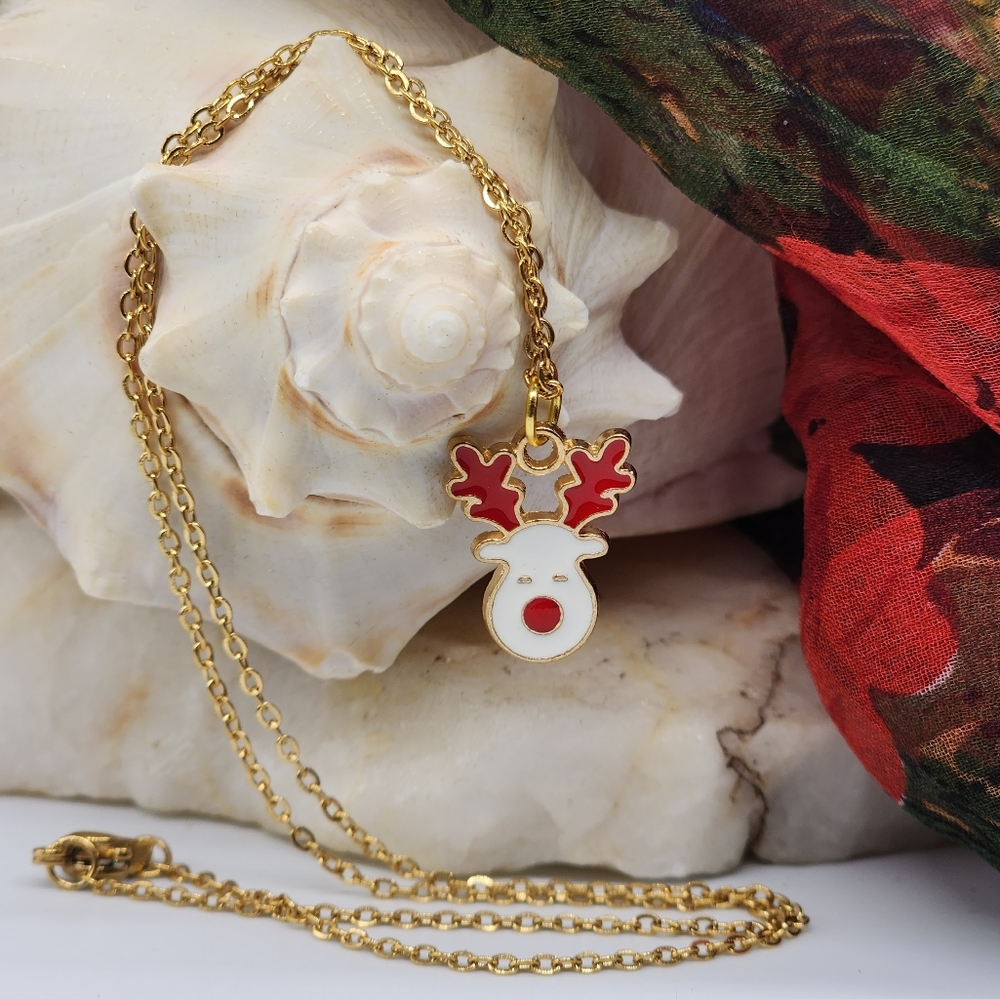 ❤️ Minimalist 14K Gold-l plated Chain Christmas Necklace Baby Reindeer Pendant